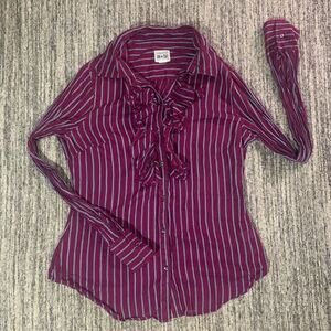 Converse Womens Size Medium‎ Button Front Shirt Red Stripe Ruffle Long Sleeves